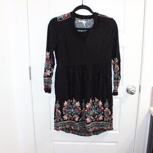 Floreat Anthropologie Black Embroidered Avery Dress Long‎ Sleeve Seam Pockets XS